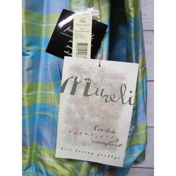 MURELI Sz S Small 100% Silk Aqua Blue Green Plaid Lined Jacket w/ Tags - Picture 14 of 15